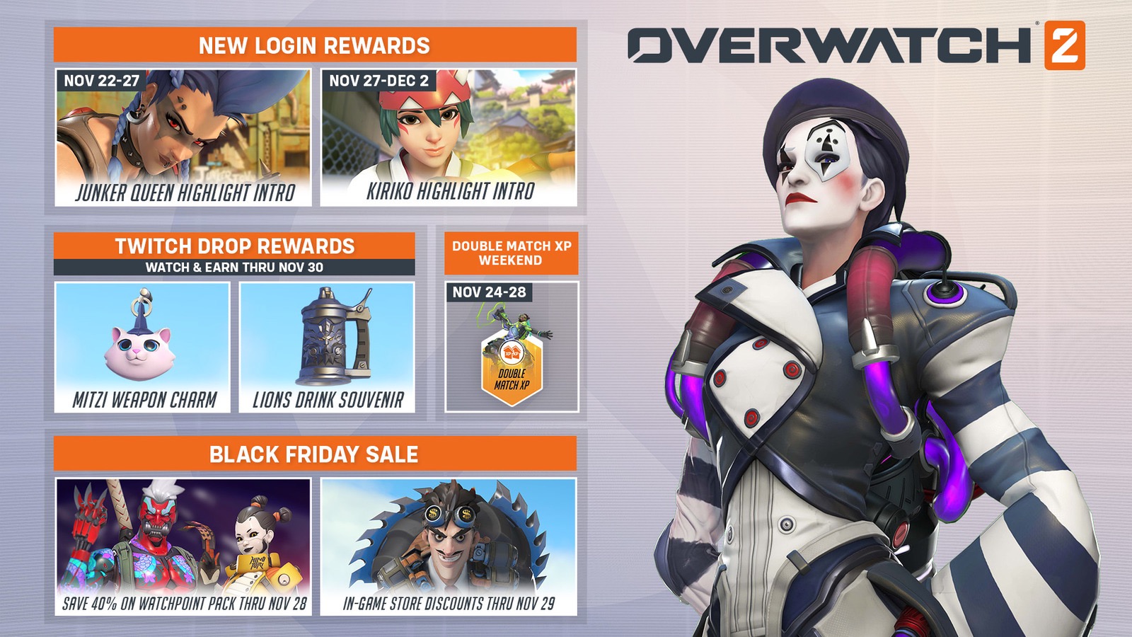 『OW2』感謝祭期間中にログインしてジャンカークイーンとキリコの特典(ハイライトイントロ)をゲットしよう。 ゲーム特化速報！